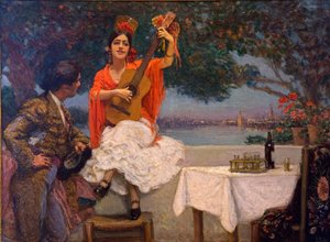 गोंज़ालो बिलबाओ की पृष्ठभूमि में गुआडलक्विविर के साथ जिप्सी और बुलफाइटर पेंटिंग द्वारा गोंजालो बिलबाओ